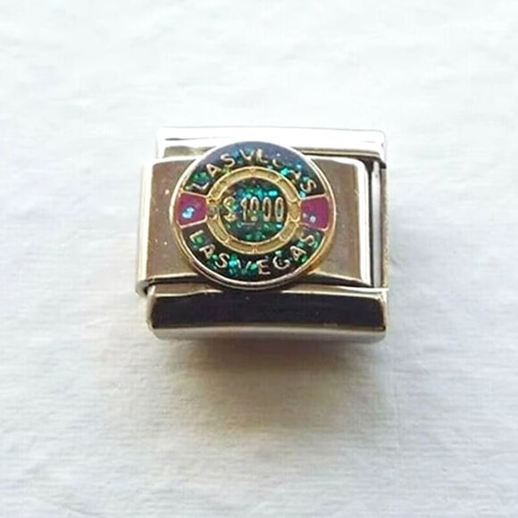 Enamel Las Vegas $1000 gambling chip 9mm stainless steel Italian charm link new - Picture 1 of 2